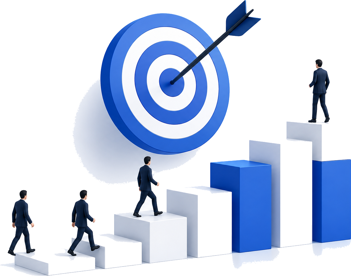Business growth steps leading to a target