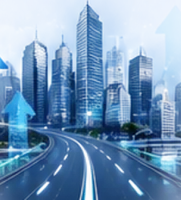 Growing digital city with a road leading ahead