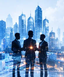 Business partners connecting against a digital city skyline