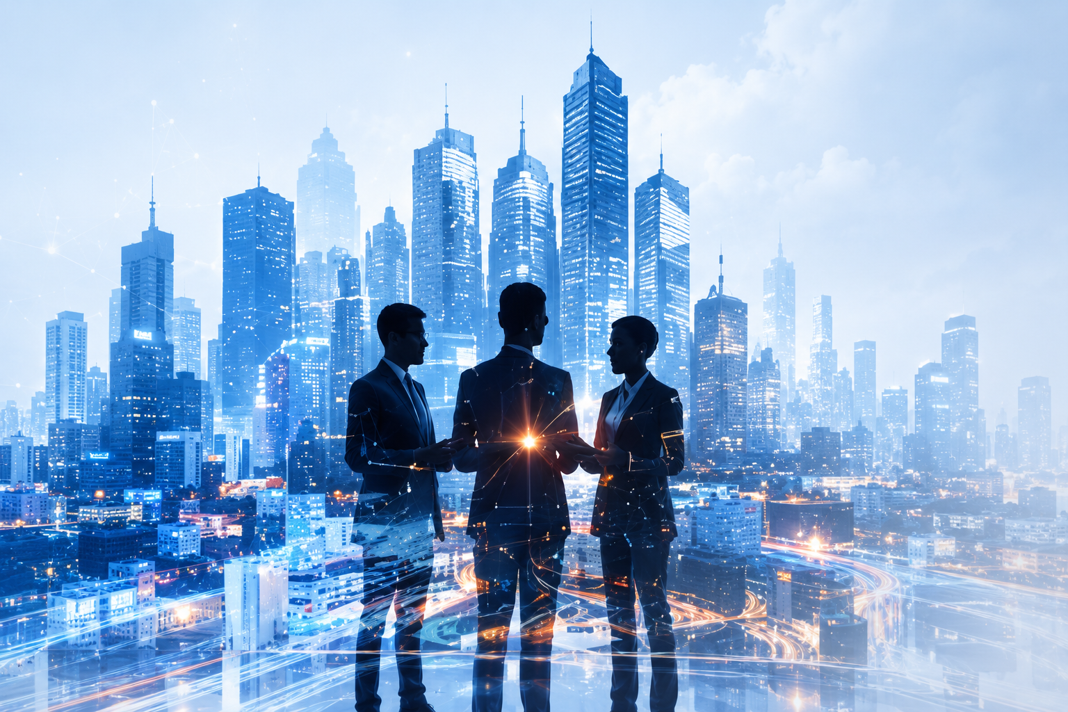 Business partners connecting against a digital city skyline